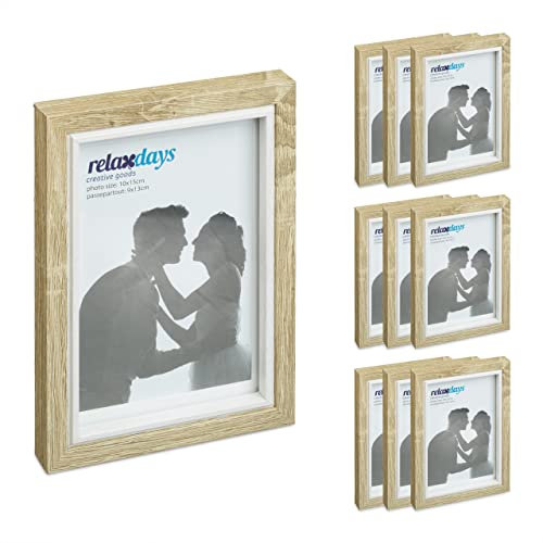 Relaxdays Set 10 Cornici Portafoto, 10x15 cm, Passpartout, Verticale ed Orizzontale, da Muro e Tavolo, Marrone Bianco, Fibra di Legno