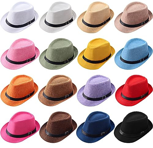 Liitrsh 16 Pack Short Brim for Men Women Classic Trilby Panama Hat Bulk Summer Dress Sun Hats with Belt for Wedding Party Accessories, 16 Colors