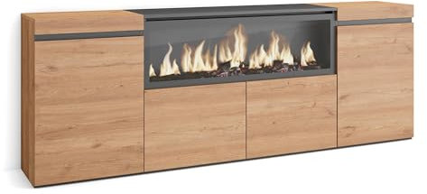 Skraut Home | Aparadores para salón | Gran Capacidad de almacenaje | 210 | 4 Puertas | Chimenea eléctrica XXL | Estilo Moderno | Roble