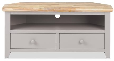 Statement Furniture Florence Wooden Corner TV Stand with 2 Drawers, Shelf, Cable Access, Acacia Hardwood Top | W108cm, H50cm, D40cm | Fully Assembled Media Unit (truffle)