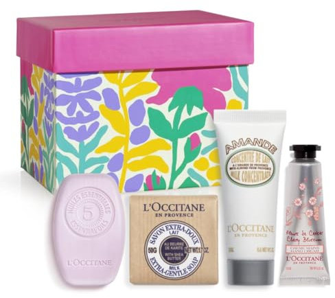 L'OCCITANE - Weihnachtsset Ikonisch - Seife Sheabutter, Festes Shampoo Balance + Weichheit, Mandelmilchkonzentrat und Handcreme Fleurs de Cérisier - In Frankreich hergestellt