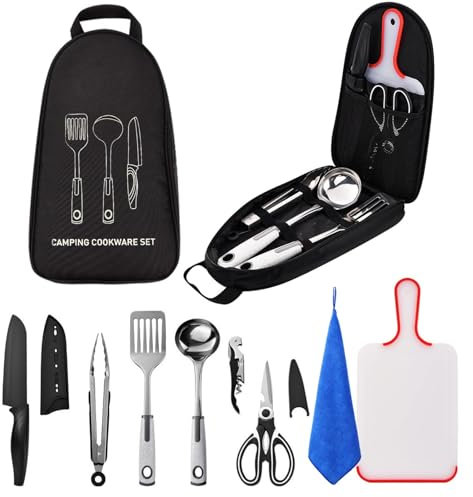 Sadodo Camping Küchenhelfer Utensilien Set 9 Teilig,Mit Organizer Tragtasche,Silikon Edelstahl Kochutensilien Küchengerät Set Outdoor Camping Kochgeschirr Set