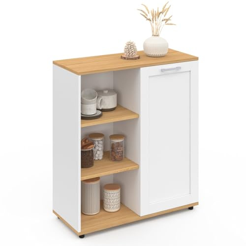 IDMarket - Aparador auxiliar VITO de 70 cm con 3 estantes y armario blanco y tablero de madera