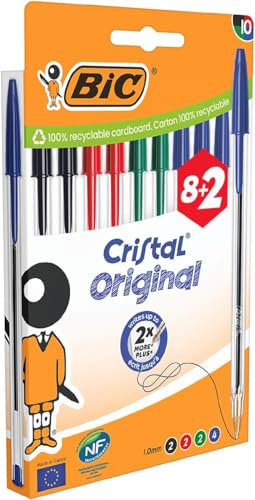 BIC Cristal Original Bolígrafos de Punta Media (1,00 mm) con Tapón y Capuchón a Juego - Colores Surtidos, Caja de 8+2