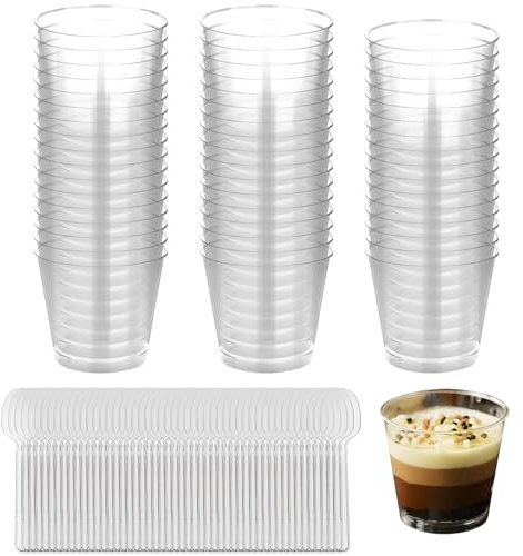 LCXCXY Tazas de Postre 7 OZ/200 ML, 50 vasitos para postres transparentes y 50 cucharas. Reutilizables Vasitos Aperitivos, Cuencos Aperitivos para tartas mousse, helados, yogures