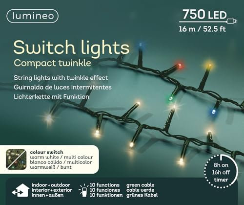 Lumineo Lichterkette Switch Light Compact Twinkle warm weiß/bunt - 750 LEDs - 16 Meter - grünes Kabel - Indoor & Outdoor - Timer - IP44 Schutz - 10 verschiedene Lichtfunktionen