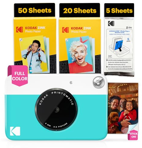 KODAK Printomatic Full-Color Instant Print Digital Camera - 75 Sheets BUNDLE - Prints On Zink 2x3 Sticky-Back Photo Paper - 5MP, Portable, Creative Fun Gift for Birthday, Christmas, Holiday - Blue