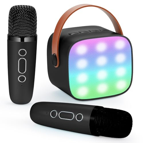 Damcyer Máquina de Karaoke 2 Micrófonos, Máquina de Karaoke Portátil Bluetooth,Microfono Inalambrico Portátil para Niños y Principiantes, Negro