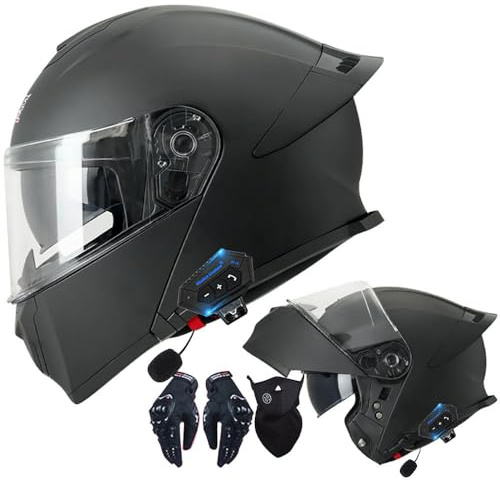 Letetexi Casque Modulable Moto Bluetooth Intégré ECE Homologué Double Visière Anti-buée Casques Intégraux Racing Motocross Ventilation Noir Mat pour Homme Femme 3XL