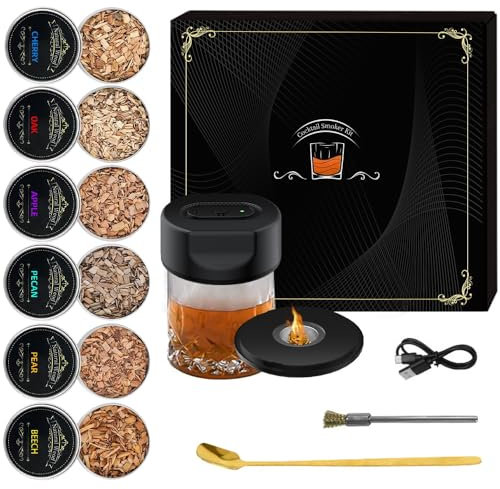 KBIBCK Kit fumoir à whisky électrique à l'ancienne avec 6 copeaux de bois aromatiques, boîte à fumage à whisky, rechargeable, accessoire de cocktail, cadeau pour père, mari et amateurs de cocktails