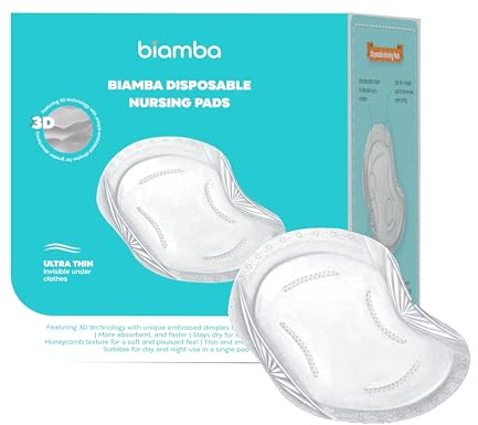 Biamba 60-Pack Disposable Nursing Pads for Breastfeeding - Ultra Thin Breast Pads for Leaking Milk Disposable with 3D Absorption & Leak Protection Individually Wrapped, Day & Night Nursing Essentials