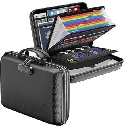 Ysislybin Fireproof Document Box, Hard Shell Document Box with 13 Document Folders Document Organiser with Combination Lock for Important Documents Passports Cards Laptop and Certificates