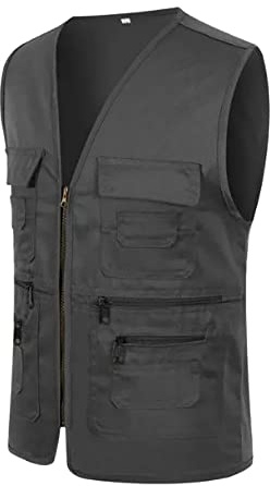 Teenager Boys Work Fishing Travel Photo Cargo Vest Jacket Multiple Pockets Belt, black, L