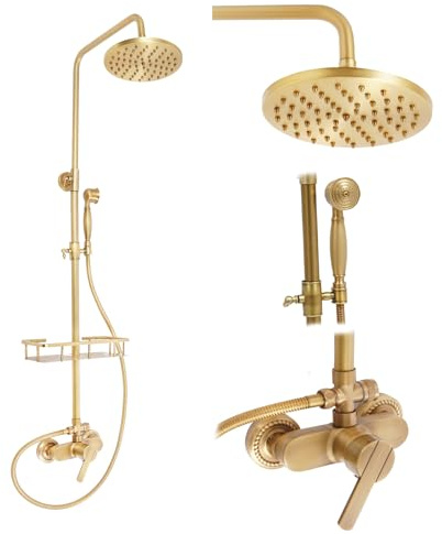 Duschsystem antik mässing duscharmatur set guld retro duschset, vintage duscharmatur komplett set med 20 cm regndusch, handdusch och hylla, justerbar höjd 85–132 cm