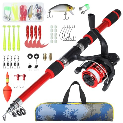Axrye Canna da pesca per bambini con mulinelli e accessori da pesca, canna da pesca telescopica leggera da 180 cm, con kit completo di custodia per esche e borsa per il trasporto, per ragazzi (rosso)