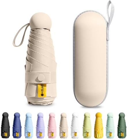 MPXEAVG Mini Parapluie, Parapluie Pliant, Ultra-léger, Compact, Parasol portable, Housse de Protection, Pour hommes et femmes (Beige)