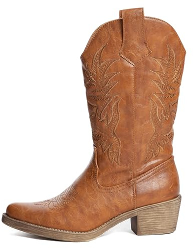 URBAN ROSA Stivali Texani Donna Cowboy Western con Punta Ricami e Tacco Largo Stivaletti Chic 957 (MARRONE, 39 EU, Adulto, 39, Numero, Sistema Taglie Calzature EU, Media)
