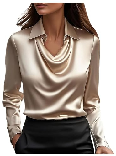 Chemisier Satin Femme Chic et Élégant Col Bénitier Chemisier Tunique Blouse Couleur Unie Chemises et Blouses Funky Vetement Haut Lâche Décontracté T-Shirts Manches Longues Chemisiers de (Rose Gold, L)