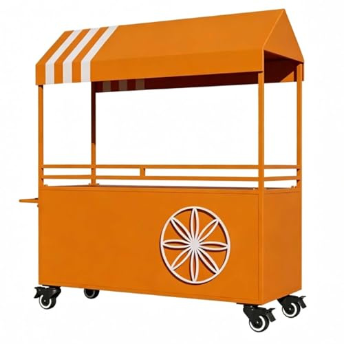 Bärbar Mobil Gatuförsäljare Matvagn, Järnmatvagnsdisplay med Tak och Hjul för Gata, Fester, Marknad(Orange,160cm/63in)