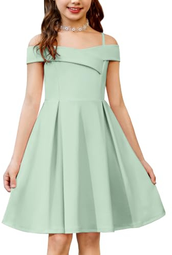 Arshiner Fille Robe Épaules Dénudées Bretelles Spaghetti Robes Enfant sans Manches d'été Robe Élégante Fête Robes pour Fille 11-12 Ans Vert Clair