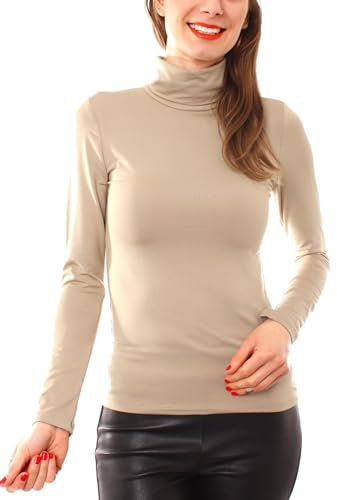 Easy Young Fashion - Damen Thermo Mikrofaser Langarm Rollkragen Shirt - Rolli Unterziehshirt Skinny Fit 3253 - Beige M