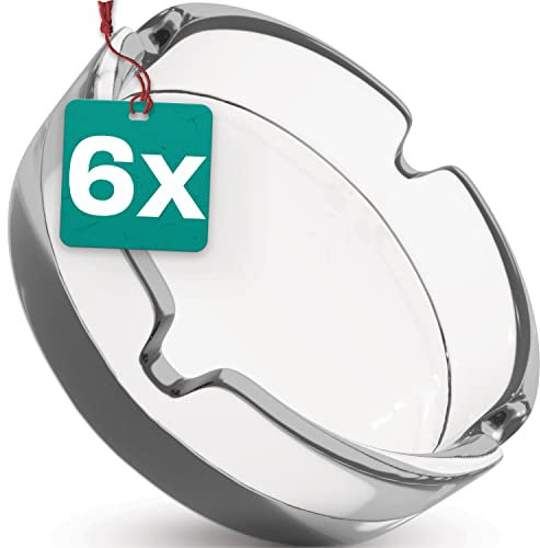 Praknu Aschenbecher Glas Rund - 6er Set - Spülmaschinenfest - Stapelbar - 4 Ablagestellen