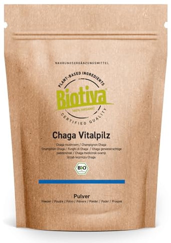 Chaga Pilz Pulver Bio 125g - Wildsammlung - Vitalpilz - Schiefer Schillerporling - Abgefüllt und kontrolliert in Deutschland - Biotiva