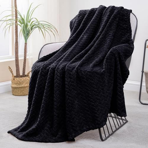 Exclusivo Mezcla Fleece Throw Blanket for Couch Sofa, 50”x70”, Black