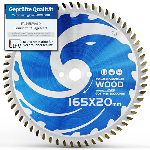 FALKENWALD® Lame scie circulaire 165 x 20 mm avec 60 dents en carbure pour bois (WOOD) – Lames de scie circulaire 165 mm compatible Bosch Makita