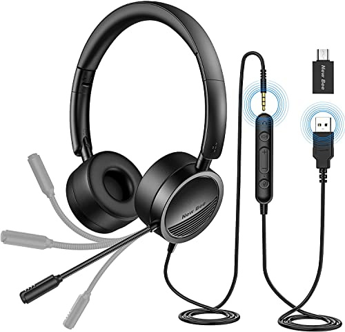 New Bee PC Headset mit Mikrofon USB/3,5mm Business Headset Noise Cancelling & Klare Stereo-Sound für Call Center Office Telefonkonferenzen Skype-Chat Webinar-Präsentationen Online-Kurse(2 Stücks)