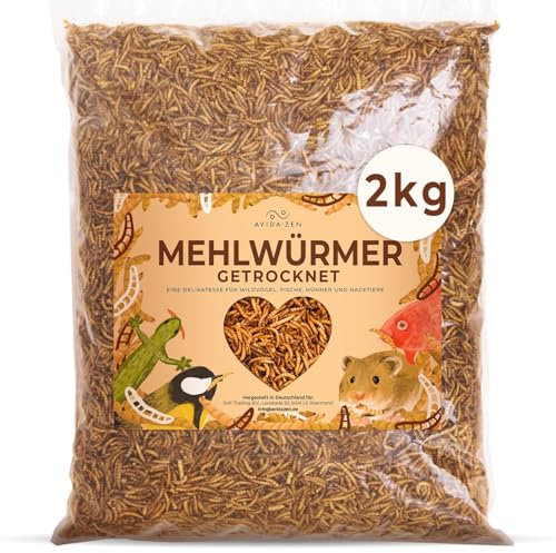 AVIDA · ZEN Mehlwürmer getrocknet, 2kg (entspricht 13 Litern) getrocknete Mehlwürmer, proteinreicher Snack für Wildvögel, Fische, Reptilien und Nager