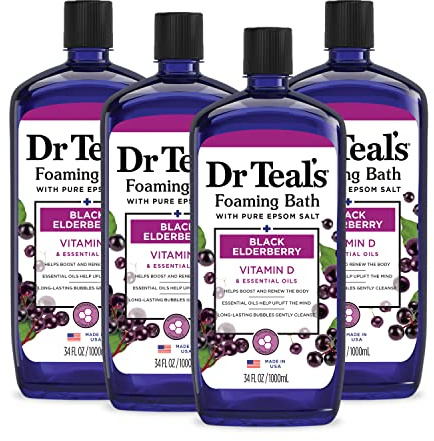 Dr Teal's Foaming Bath with Pure Epsom Salt, Black Elderberry with Vitamin D, 34 fl oz (Pack of 4)