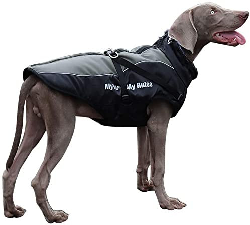 Hundemantel mit reflektierendem Geschirr für kaltes Wetter, Fleece, wasserdicht, abnehmbares Geschirr mit Pelzkragen, für mittelgroße und große Hunde, warm zu halten, leicht zu gehen