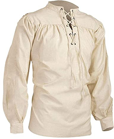 Steampunk, camicia da uomo medievale, con volant, in lino, a maniche lunghe, medievale, con lacci, colletto alto, gotico, steampunk, scollo a V, tinta unita, beige., L