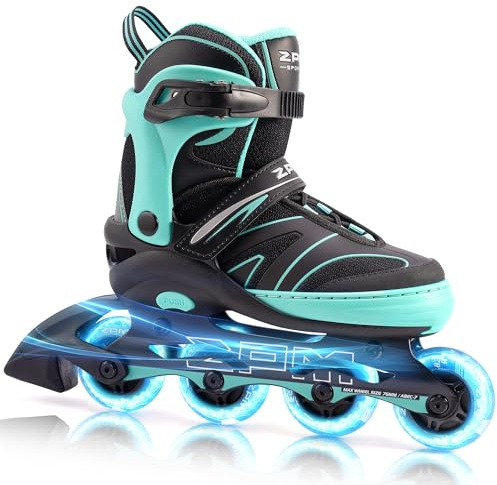 2PM SPORTS Kids Adjustable Inline Skates Ages 4-12, Youth Inlie Skates for Girls Boys 5-8 8-12 with Full Light Up Wheels, Beginner Women Men Adult Skates - Mint Medium