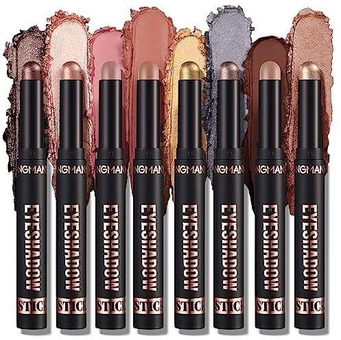Domality 8 Farben Glitzer und Matte Lidschatten Stick Set, 8 Stück Metallic Lidschatten Buntstift, Lang Anhaltender Wasserfester Cremestift, Augen Makeup, Smudgeproof Highlighter & Contour Stick