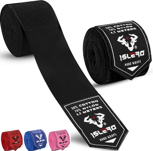 Islero 4.5m Boxing Hand Wraps Inner Gloves Elasticated Fabric Thumb Loop Bandages Straps Wrist Protection Muay Thai MMA Kickboxing Martial Arts Speed Bag Punching Training