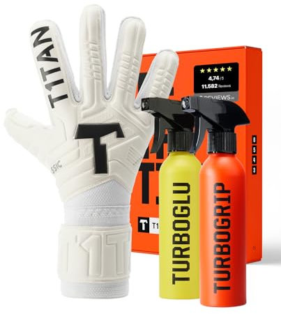 T1TAN Classic 1.0 White-Out Junior + Turbogrip & Turboglu - Torwarthandschuhe Kinder mit Handschuhreiniger und Grip Booster - ohne Fingerschutz - Fußballhandschuhe für Torhüter - Größe 3