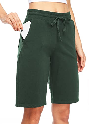 WILLIT Pantalones cortos de algodón para mujer, pantalones largos de yoga hasta la rodilla, para entrenamiento de verano, 10 pulgadas, con bolsillos, verde oliva, X-Large