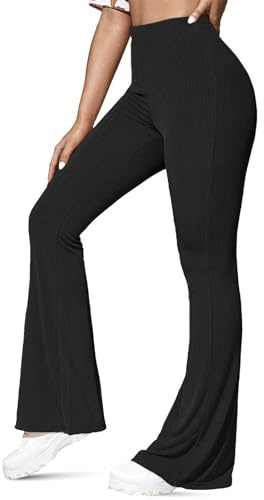 NetSetUK Womens Petite Bootcut Range Rib Knit High Waist Stretchy Tummy Control Wide Leg Bootleg Yoga Pants Palazzo Flare Trousers for Ladies Black