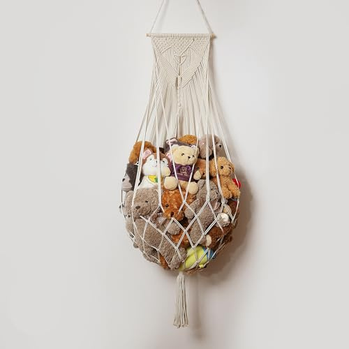Amdermi Stuffed Animal Net or Hammock Wall Hanging Net Over Door Organizer for Stuffies Plush Toy Storage Boho Macrame Toy Display Nursery Bedroom Decor Stuffy Animal Toy Organizer (Cream)