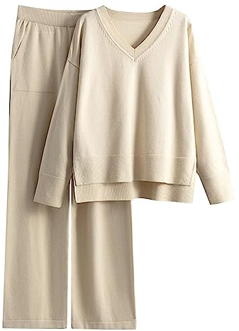 Generico Tuta Elegante Donna Sportiva Invernale Leggera In Calda Morbida Comoda Set 2 Pezzi Da Ginnastica Pantaloni a Gamba Larga e Scollo a V Top maglia Manica Lunghi Tuta Felpata per la Casa