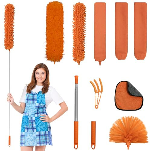 JEHONN Spolverino Telescopico per Polvere, 8 Pezzi Togli Ragnatele Allungabile Fino a 245cm, Spazzola Microfibra Lavabile per Ventilatore Soffitto, Tapparelle,Ragnatela Tenda