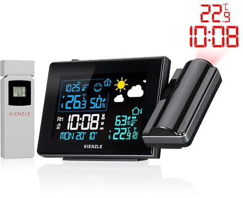 Station météo radio-pilotée Kienzle avec projection, écran couleur, capteur extérieur, alerte moisissure, 2 alarmes