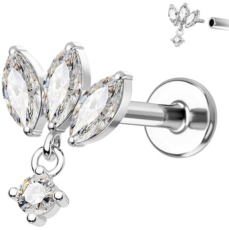 Omnikryp Piercing Labret per Trago, 16G G23 Titanio Labret Piercing Internamente Filo per Donne, CZ Borchie Cartilagine, Fiore Stud Orecchini per Labro Trago Helix Cartilagine Dischi, 8mm