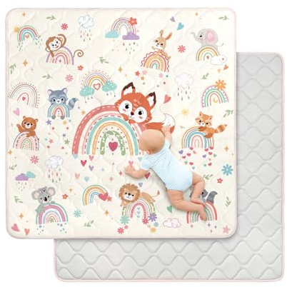 decalsweet Spielmatte Baby 127×127cm mit Rutschfest, Extra Dicke 2cm Weiche Krabbelmatte Baby, Faltbar Krabbeldecke für Baby Krabbelteppich für Kinderzimmer Indoor Outoor Zaun (Regenbogen Tiere)