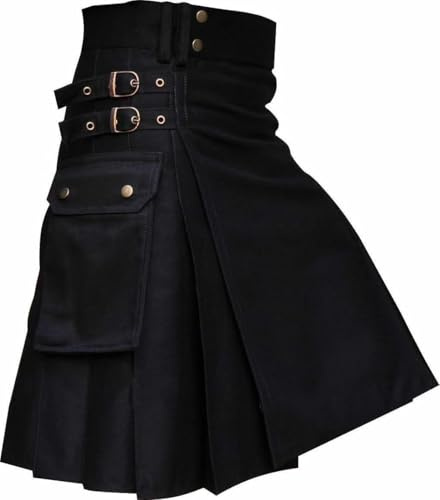 Kilt utilitaire écossais traditionnel en coton noir, design à double boucle, hauteur de 61 cm, Noir , 34 inches / 86 cm
