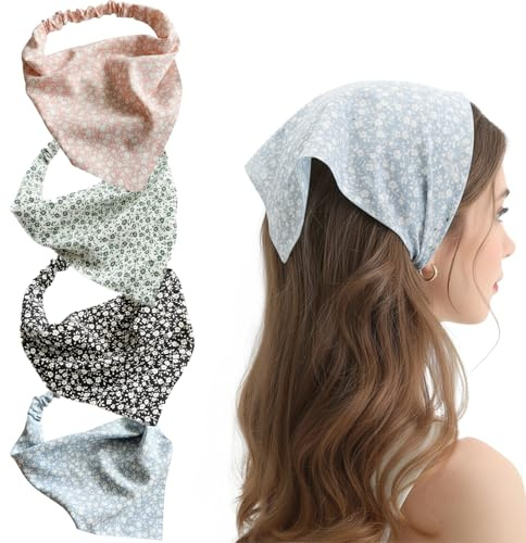 4PCS Bandana Headband Hair Bandanas for Women Head Scarf Bandanas Headscarf for Women Floral Elastic Chiffon Boho Head Accessory for Daily Wear Party Sports Travel (Cool Color)