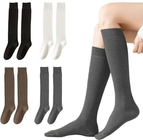 DIFLAX Calze Donna, 4 Paia Calzini Lunghi Donna, Calzini Cotone Donna, Calzini Alti Donna, Calzini Bianchi/Grisi/Marrroni, Für Moda, Quotidiano, Cosplay