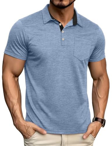 LINENNMAIN Mens Short Sleeve Polo Shirts Collared Business Casual Polo T Shirts with Pocket Heather Light Blue